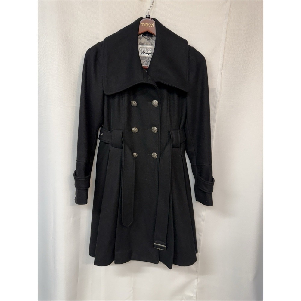 VTG Guess Los Angeles Belted Wool Pleated Pea Coat Satin Lining Black Sz L Belt